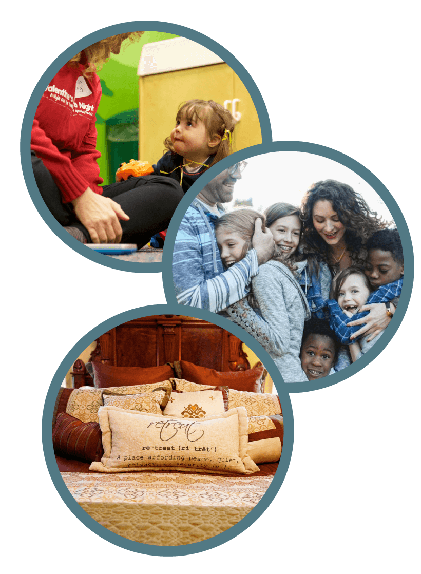 A collage of images showing families and talking